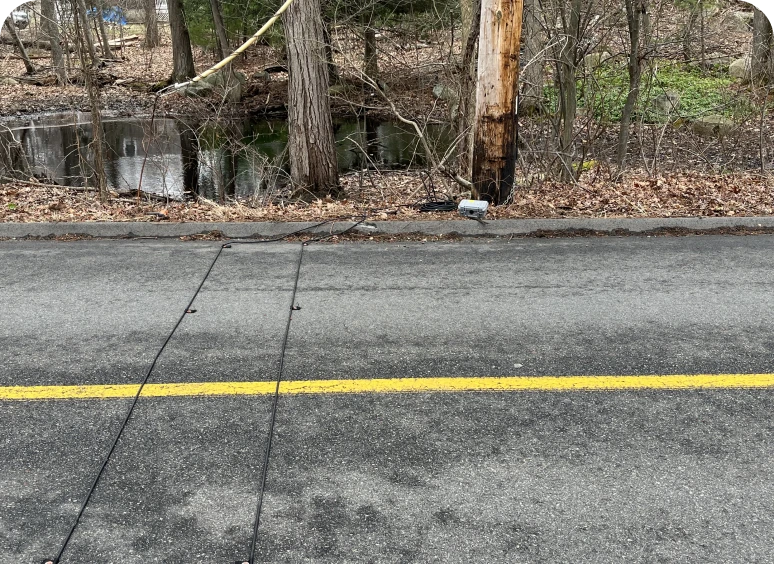 Downed power lines across rural road.