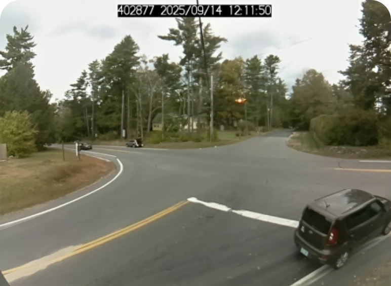 Intersection with trees and parked vehicles.
